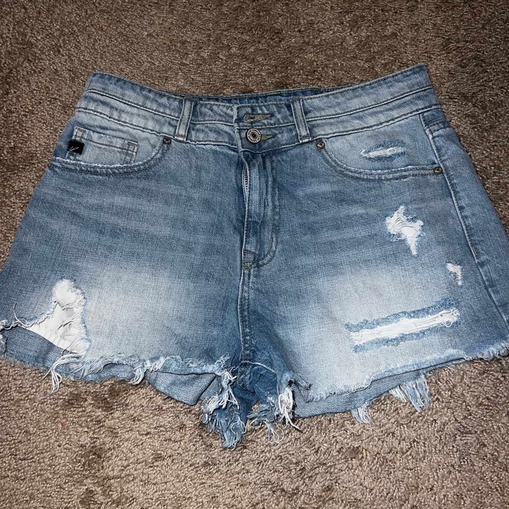 Double Button Light Distressed Kancan Denim Shorts - image 1